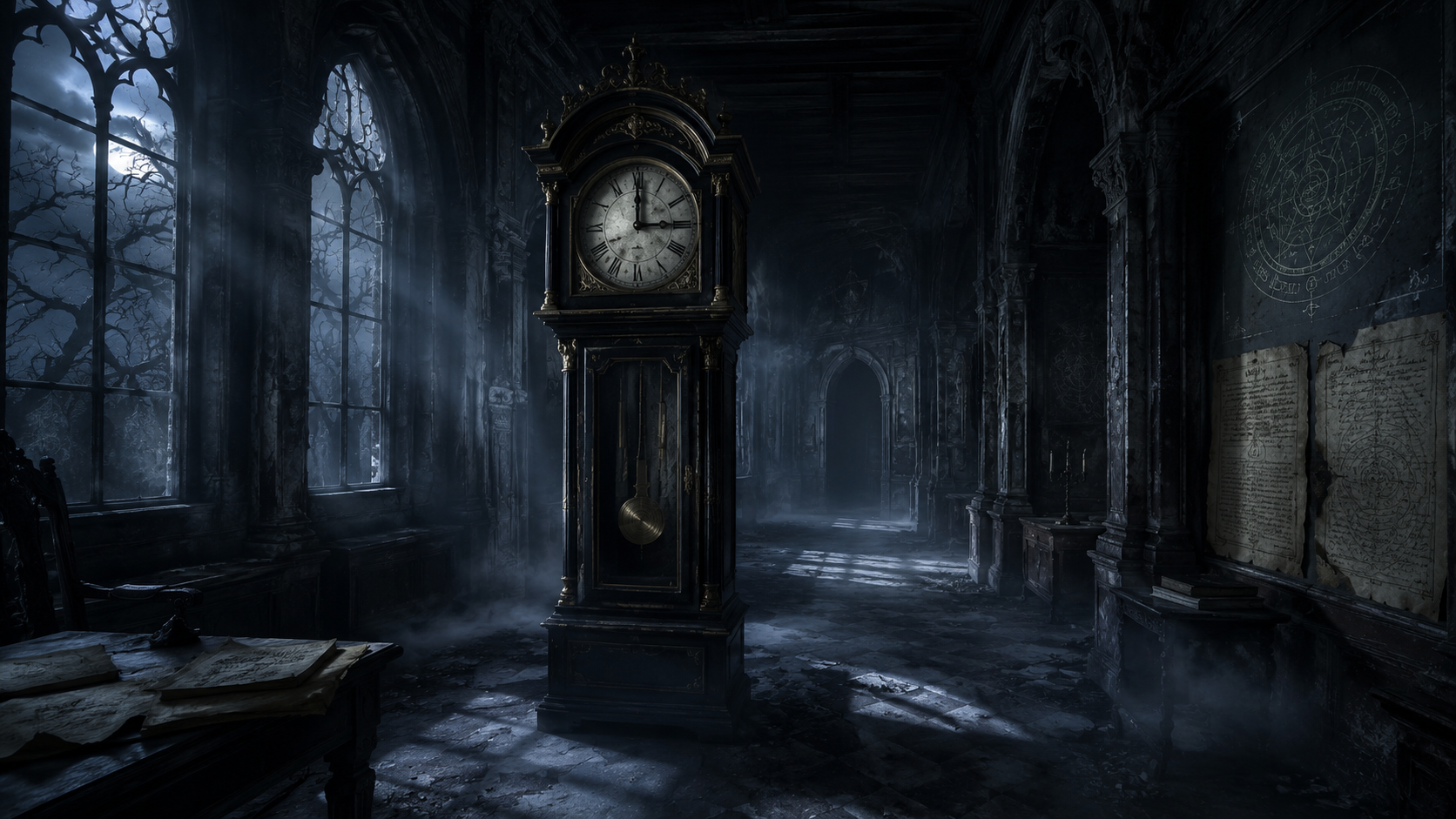 Antique clock in a shadowy gothic interior at 3:00 AM.
