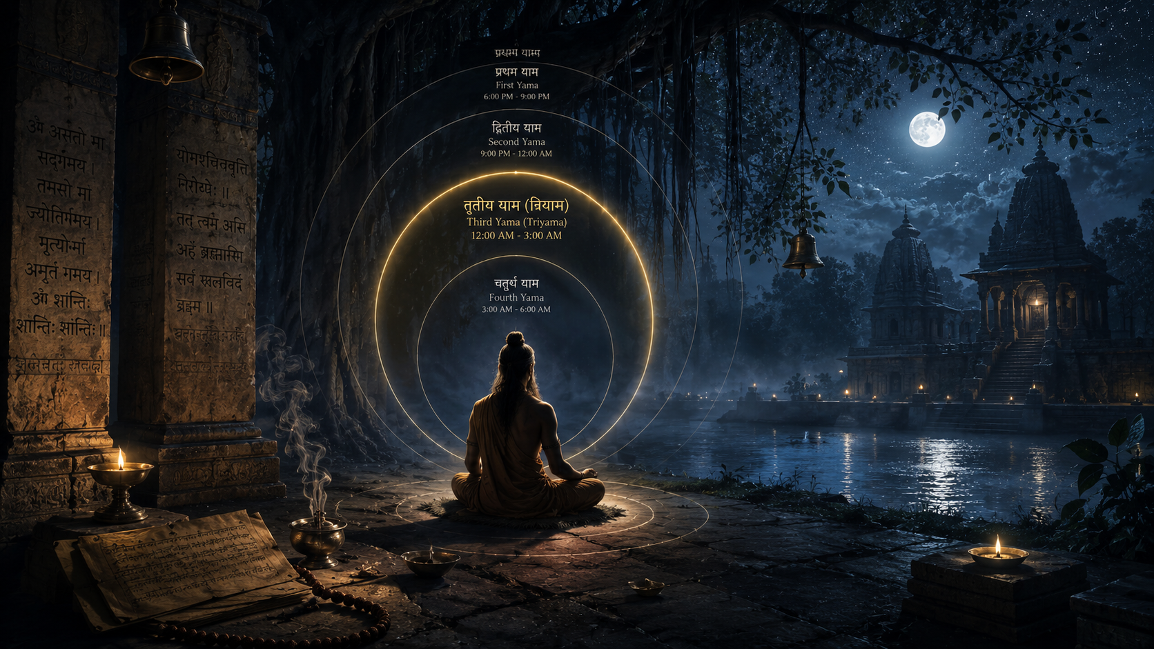 Meditative figure beneath moonlight with concentric rings marking the four yamas of the night.
