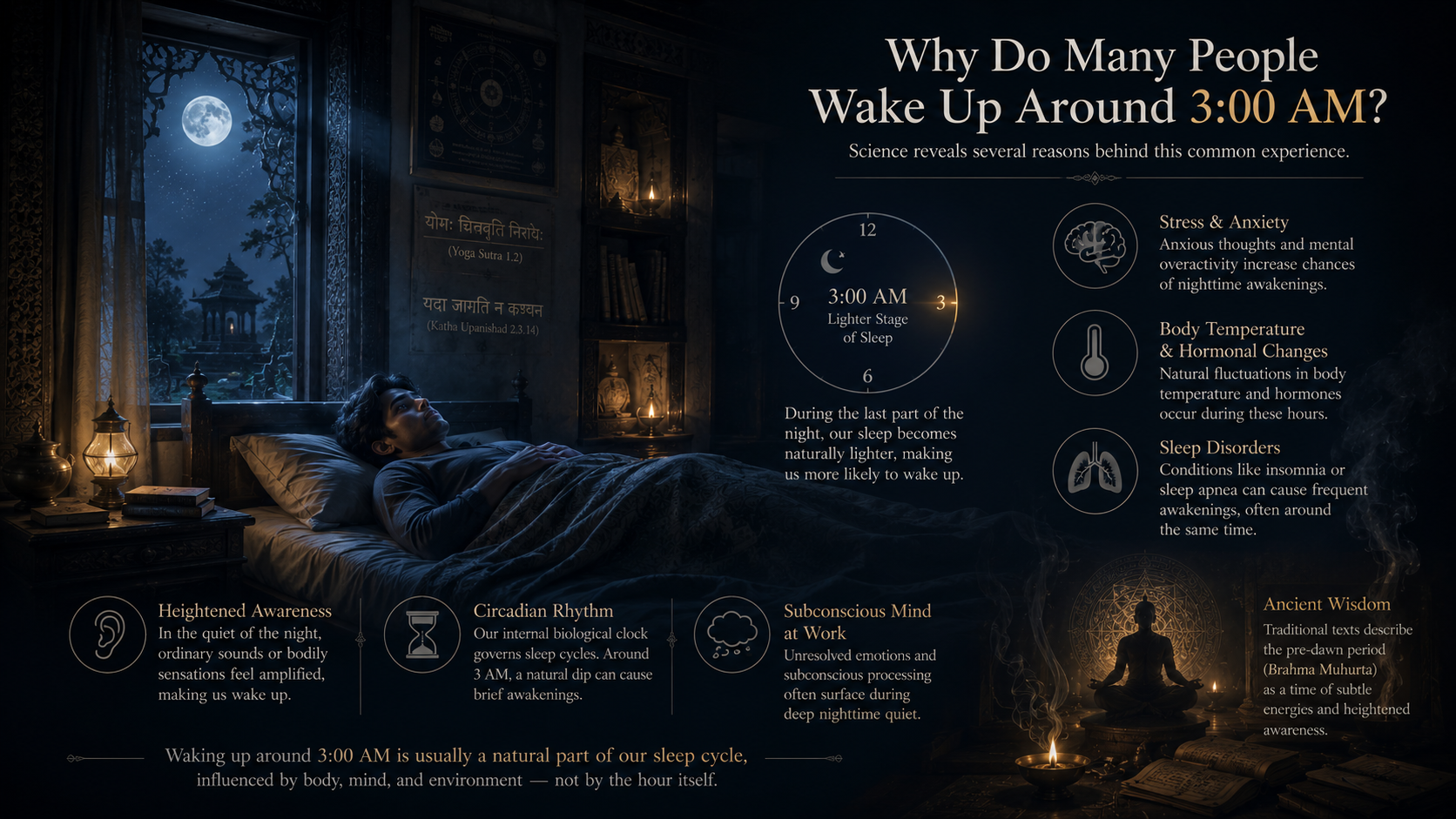 A person awake in bed at night with visual notes about sleep cycles, anxiety, hormones, and subconscious processing.