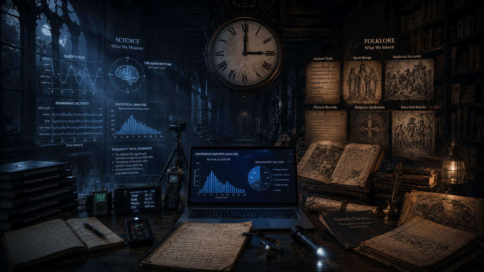 Research workspace contrasting scientific graphs and instruments with folklore documents about spirit activity.