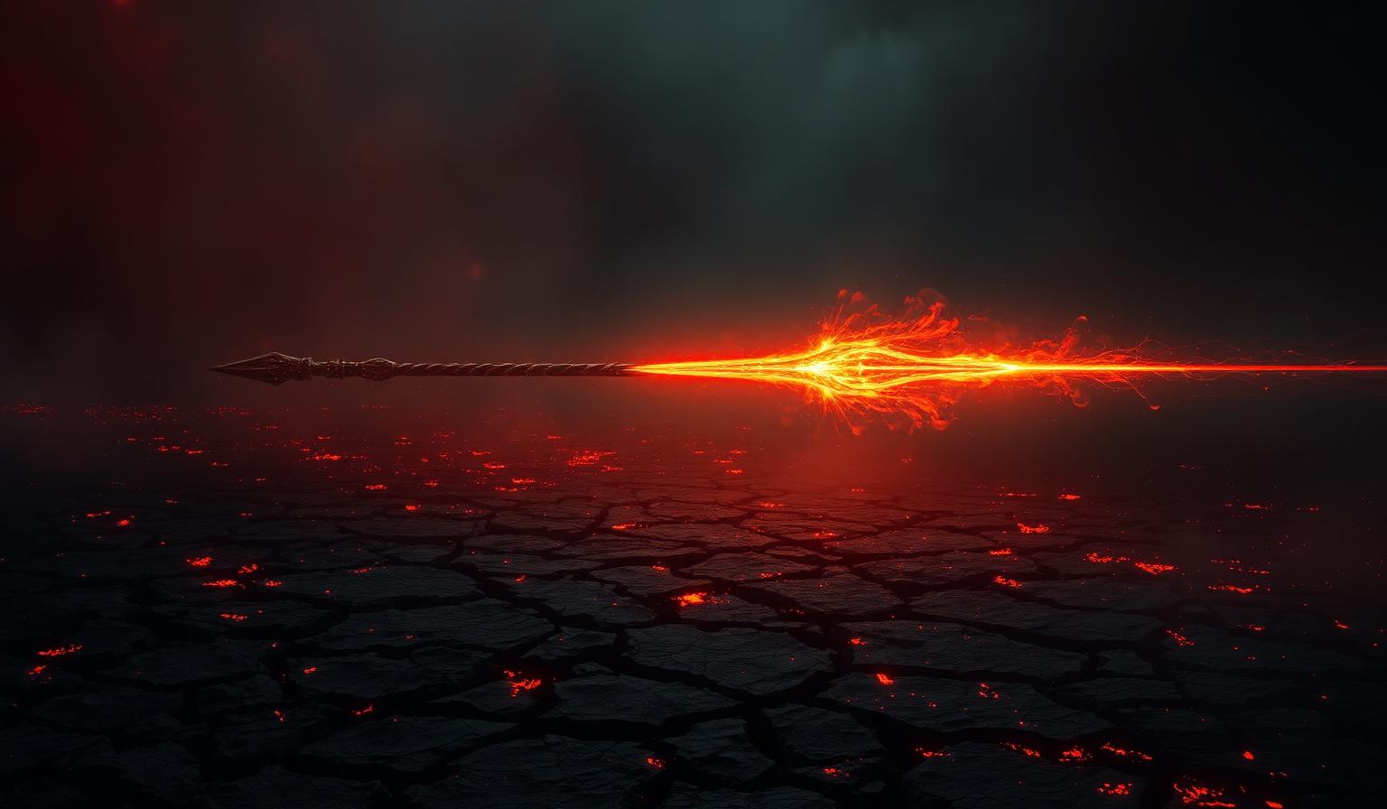 A celestial arrow of light tearing across a scorched, cracked battlefield.