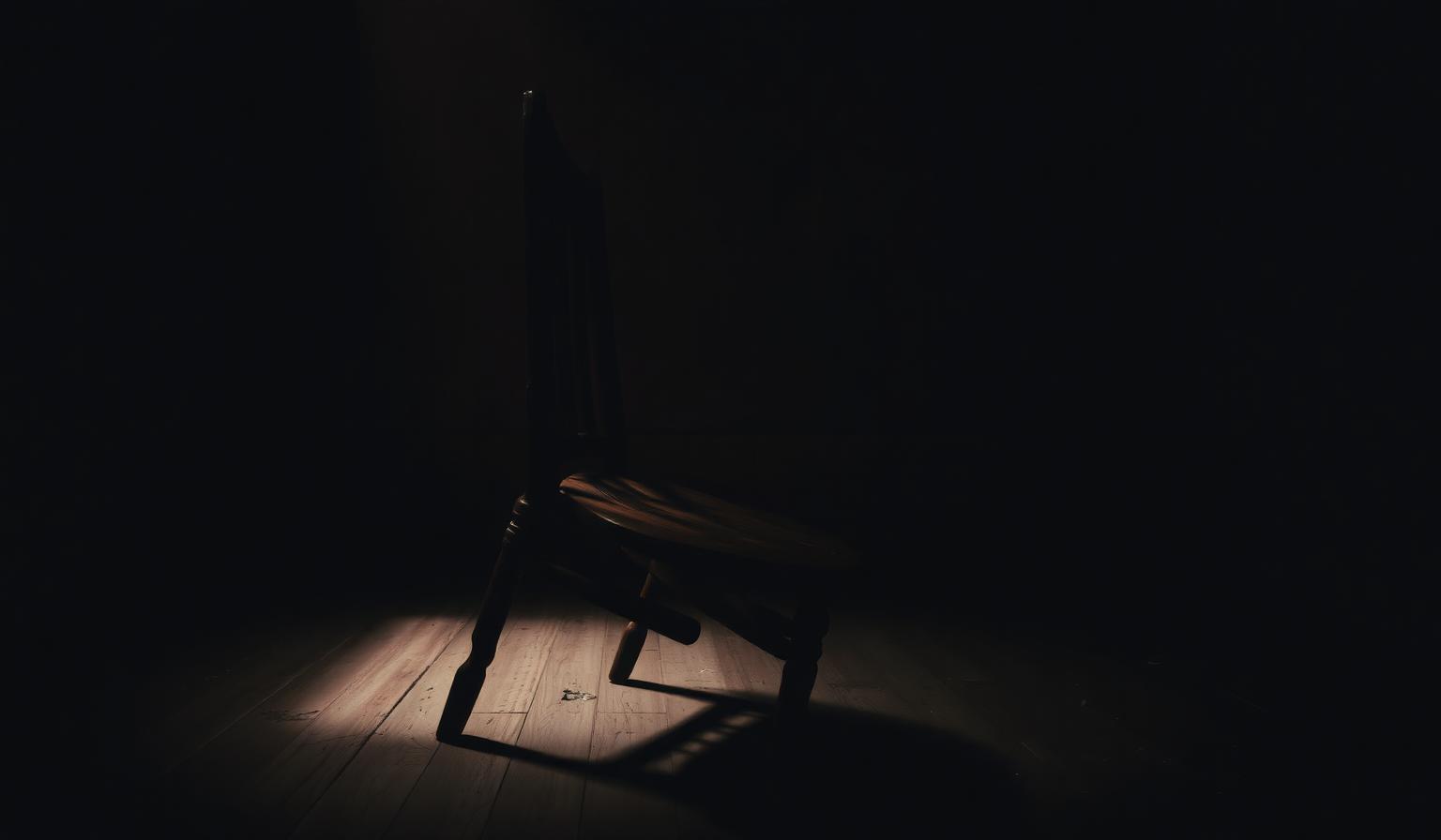 A cracked, broken wooden chair tilted in a dark empty room.