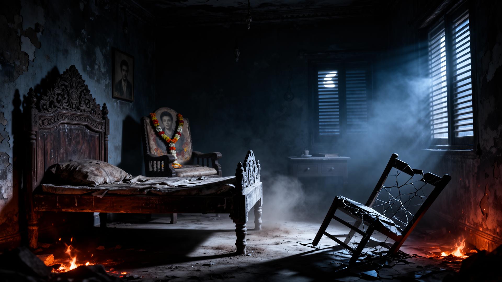 A haunted abandoned Indian room — Peepal-wood bed, deceased's armchair with a garlanded portrait, broken cracked chair in shadow.