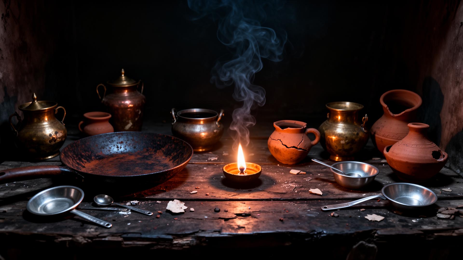 A cursed Indian kitchen at night — rusted tawa, tarnished copper and brass vessels, broken clay pots lit by a single oil lamp.