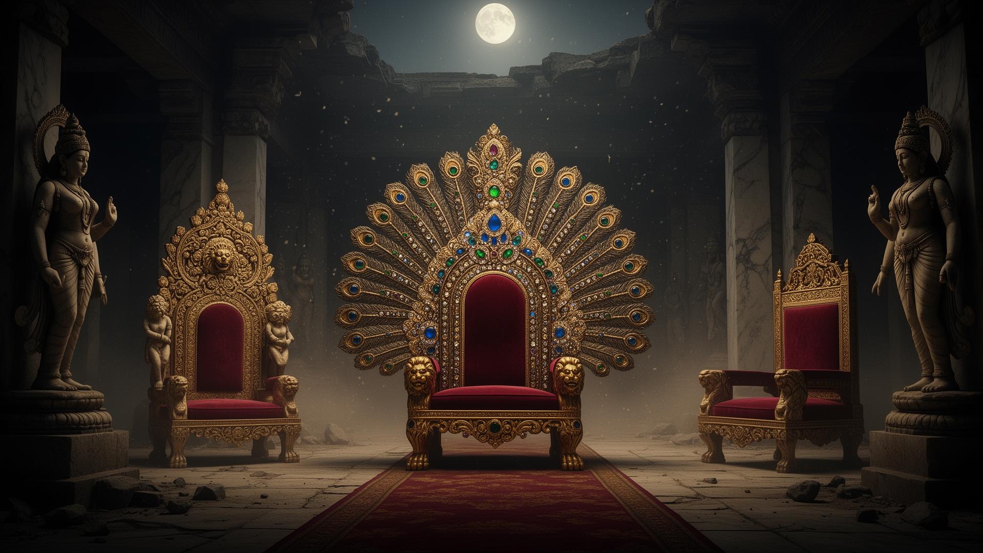 A moonlit hall of cursed Indian royal thrones — Peacock Throne, Simhasan Battisi, and the Wodeyar Gaddi.