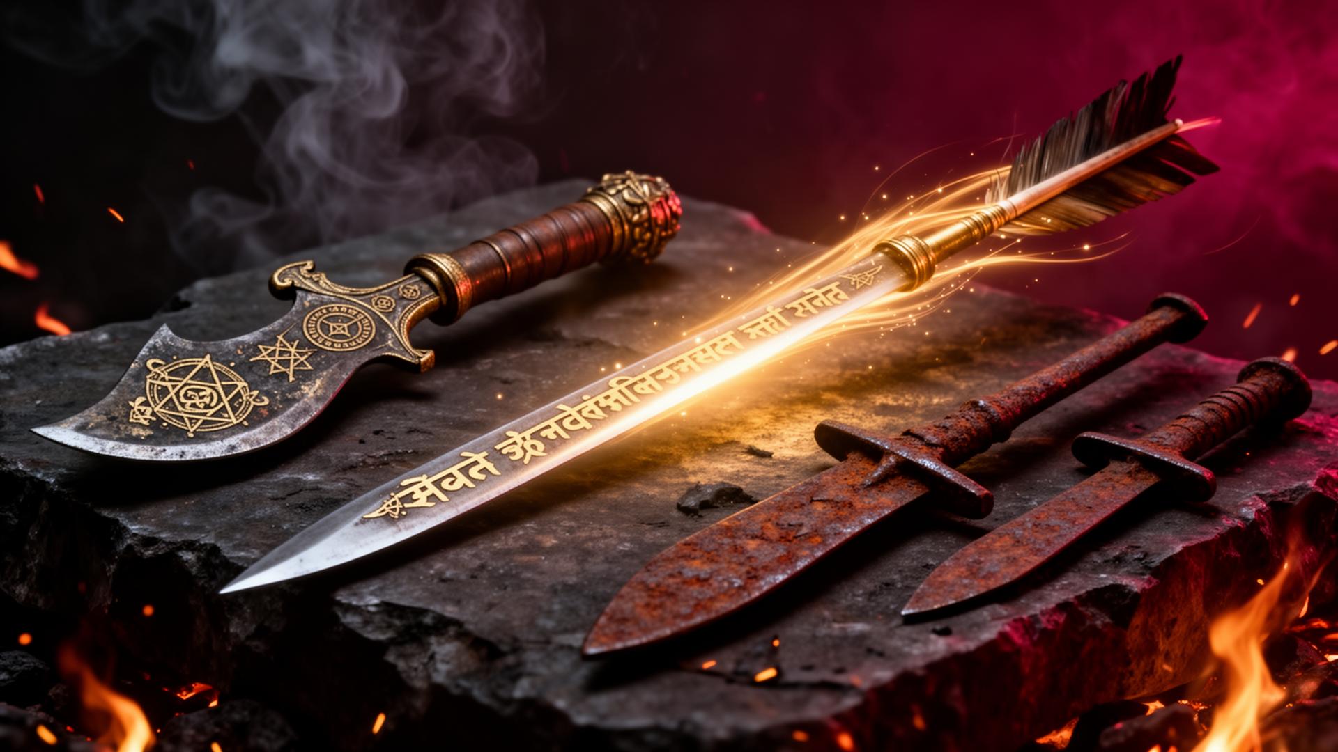 An arsenal of cursed Hindu weapons — engraved sword, tantric Khadga, Brahmastra, and rusted iron daggers on dark stone.