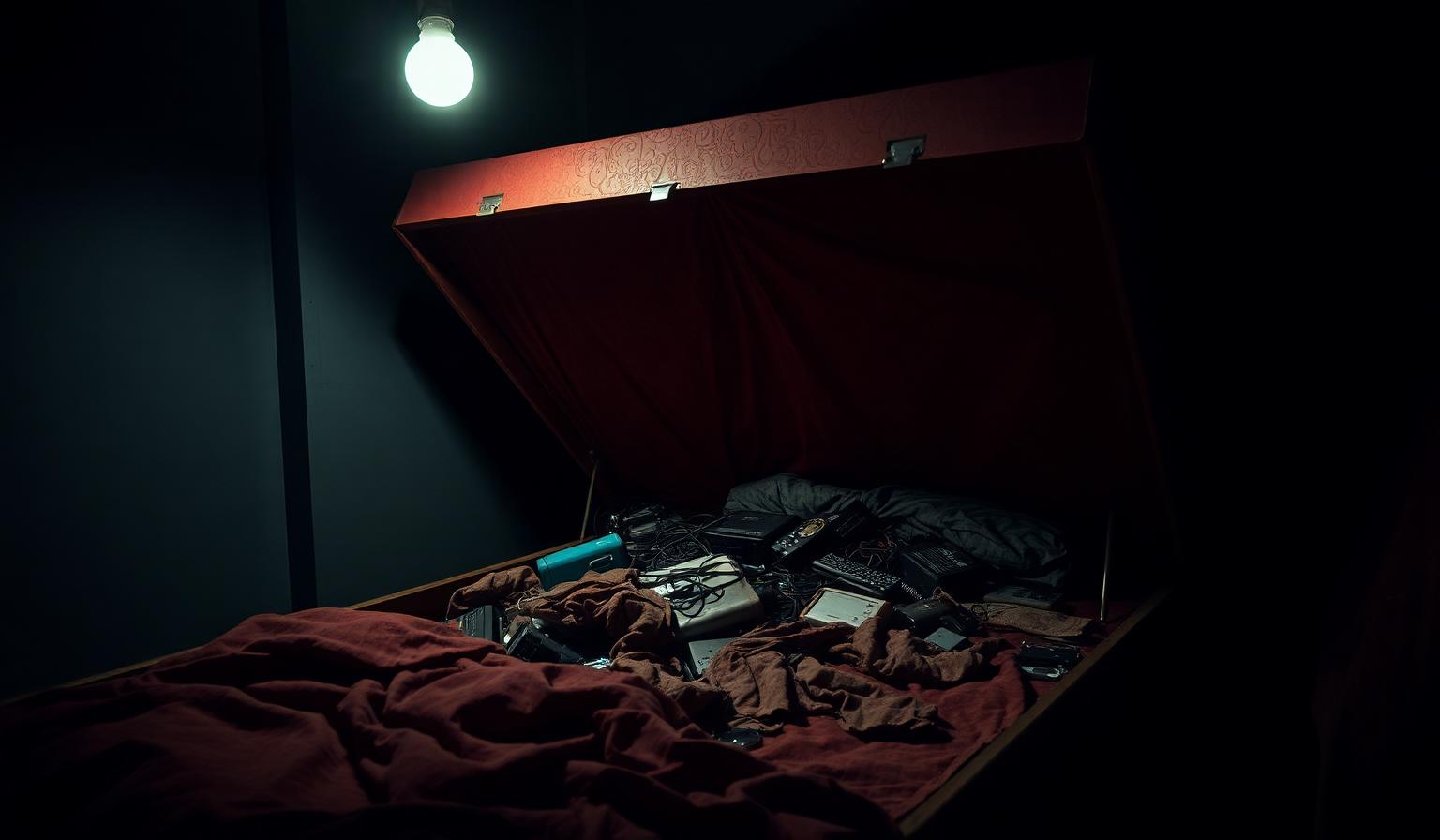 An opened box bed crammed with old electronics, torn cloth, and rusted iron.