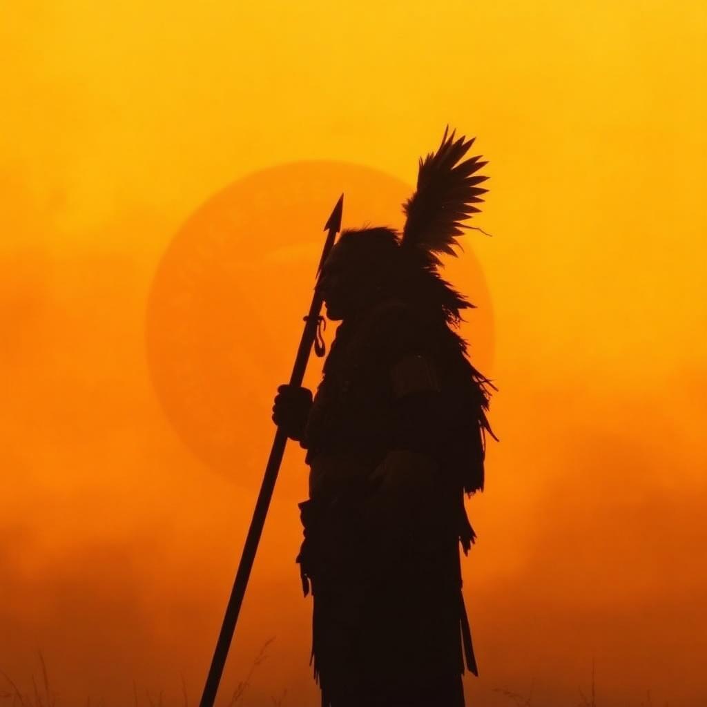Silhouette of a Shawnee warrior with feathered headdress against an orange smoky sky, faded presidential seal behind.