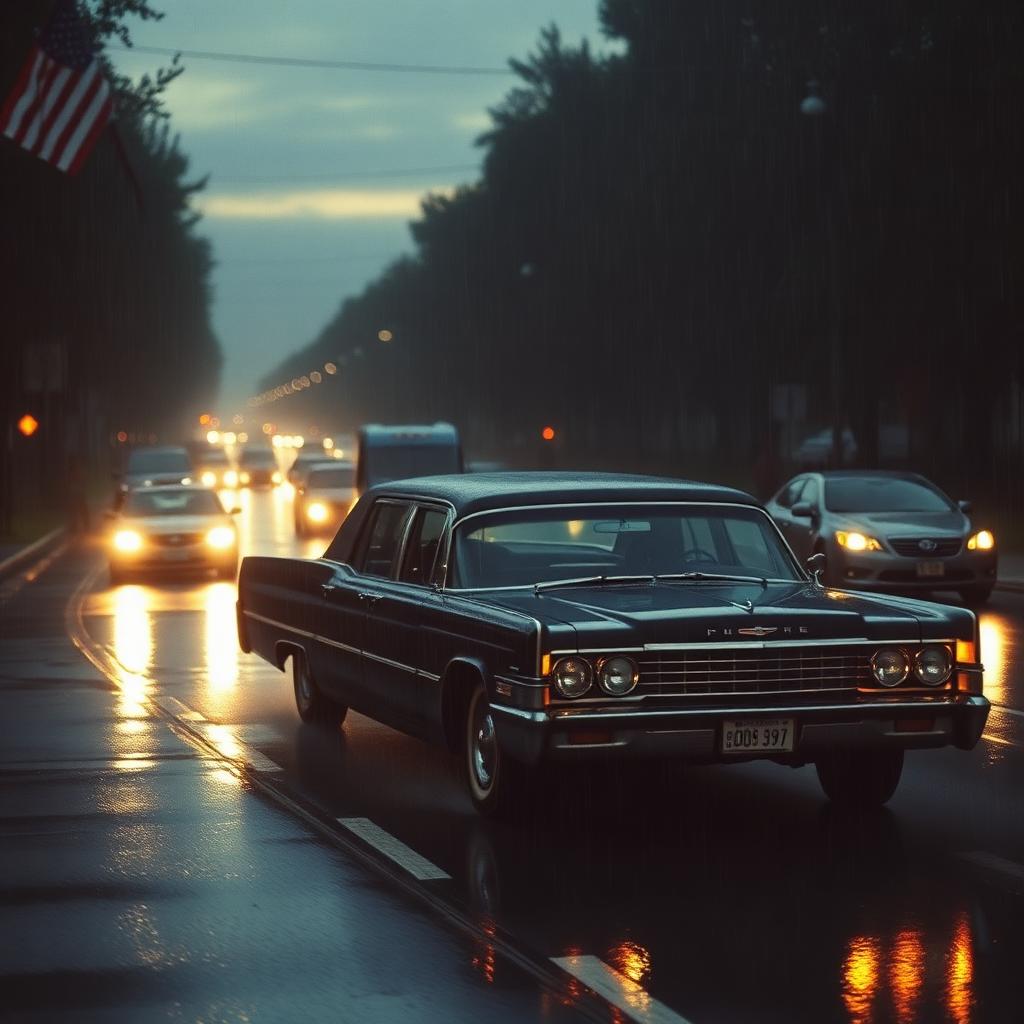 A 1960s black presidential limousine driving through rain at dusk, motorcade lights fading behind.