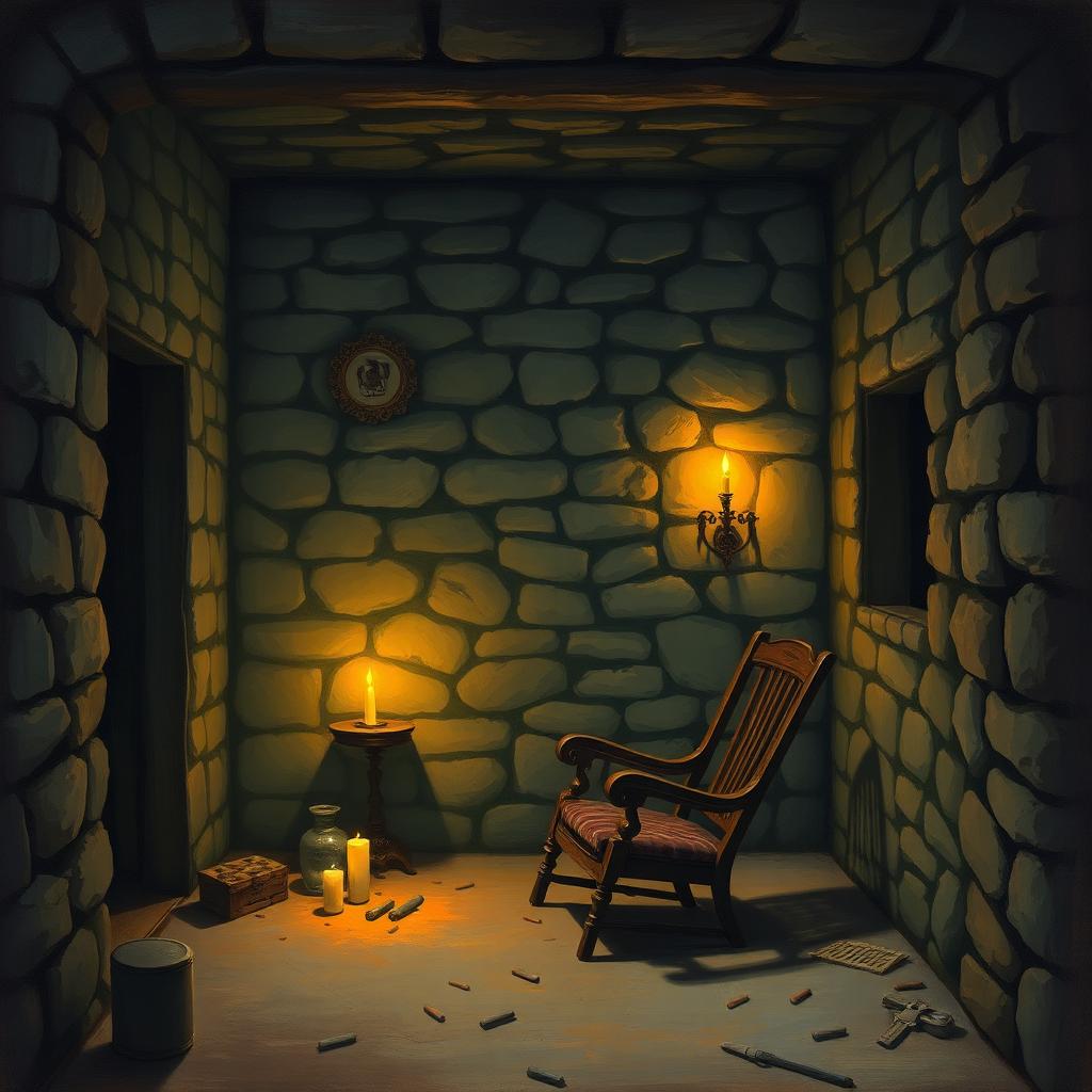 A candlelit basement with bullet-pocked stone walls and a single overturned chair.