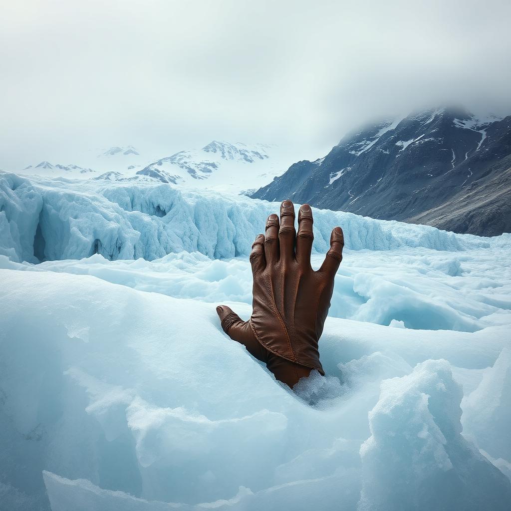 A frozen alpine glacier under grey sky with a brown leathery prehistoric hand emerging from the ice.