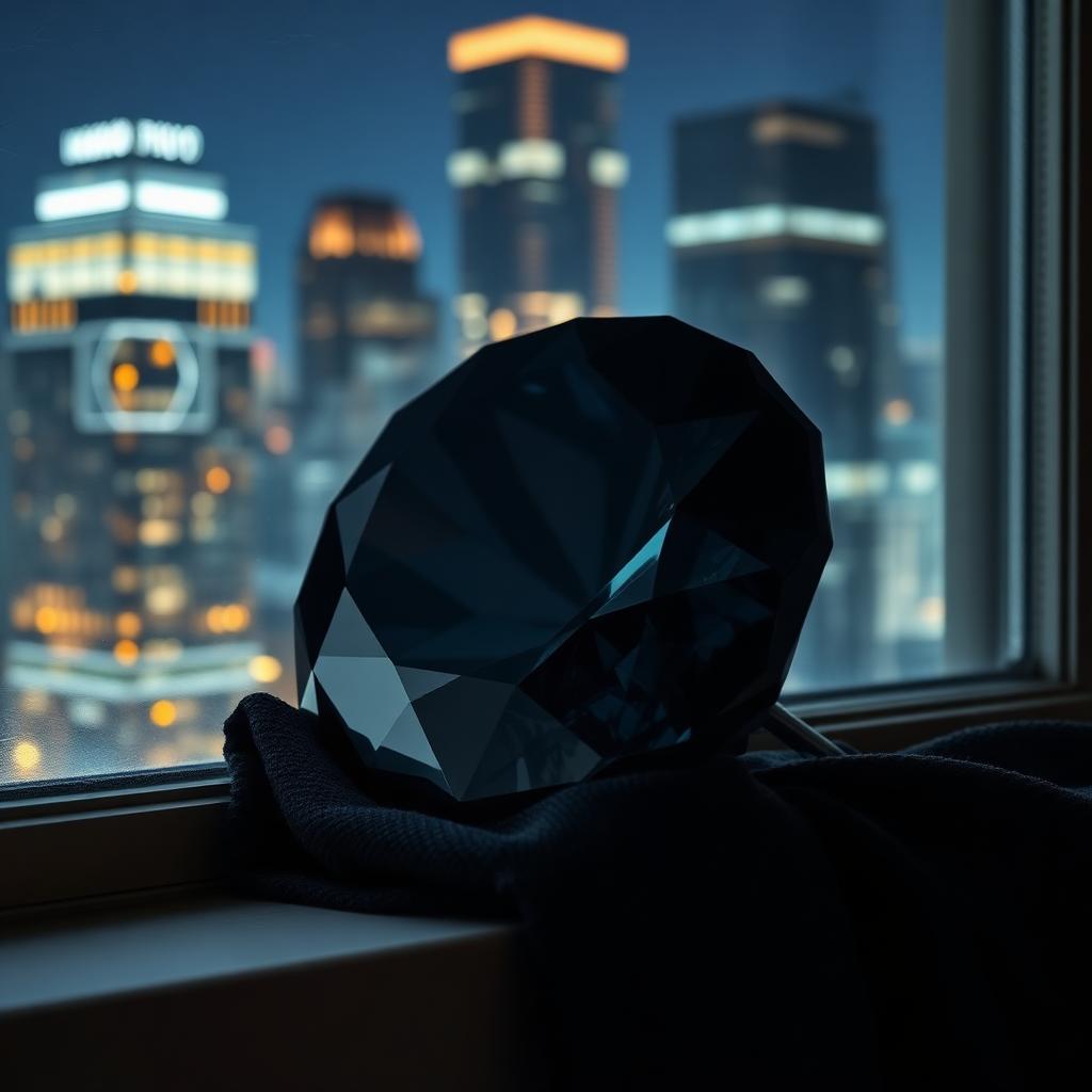A large black diamond on dark cloth on a windowsill with night skyscraper lights reflected in the gem.
