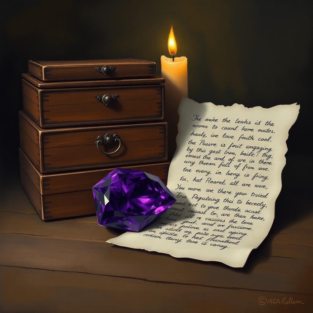 A deep purple amethyst beside a stack of seven nested antique boxes and a handwritten warning note on parchment.