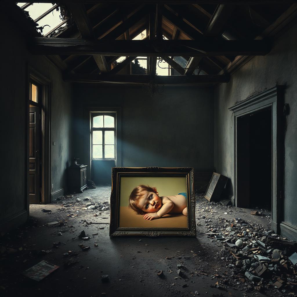 A burned-out British house interior with one undamaged framed painting of a weeping child lying face-down on the floor.