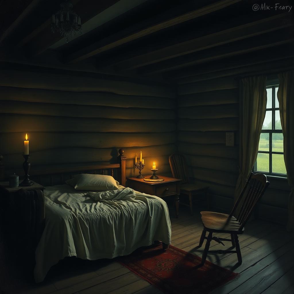 A 19th century Tennessee farmhouse bedroom at night with a single flickering candle on a bedside table.
