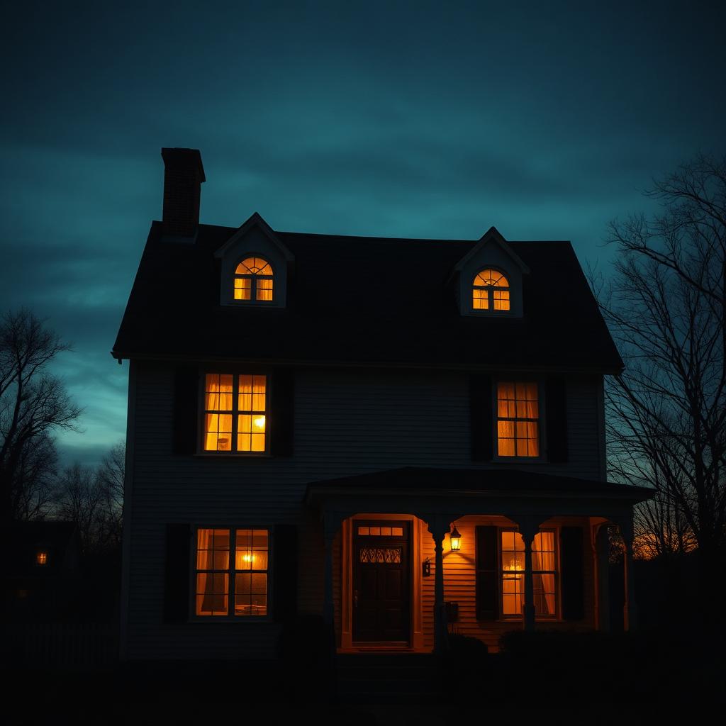 A Dutch colonial American house at dusk with two distinctive quarter-circle attic windows glowing faintly like eyes.