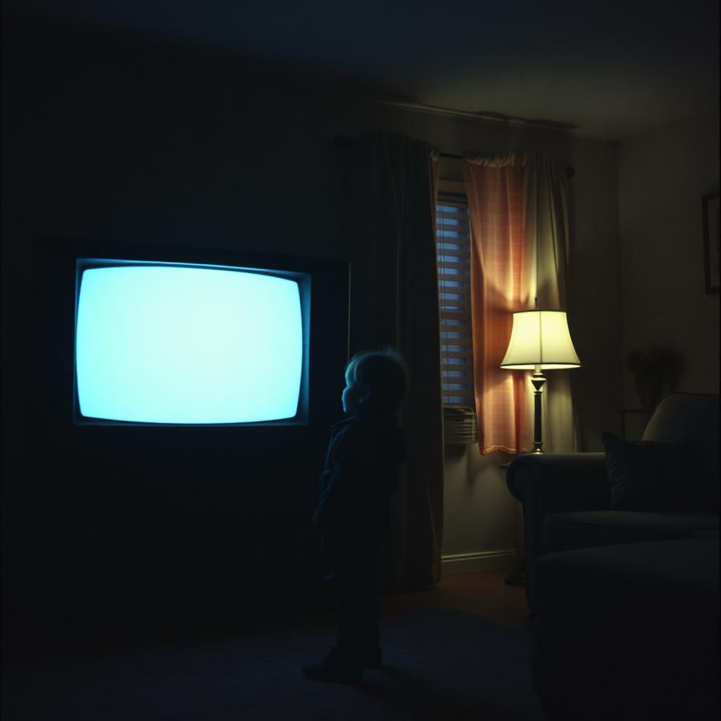 A vintage 1980s television showing static in a dark suburban living room with a small child silhouette in front of the screen.