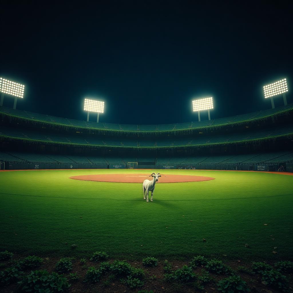 An empty ivy-covered baseball outfield at night under stadium lights with a single white goat standing in foul territory.
