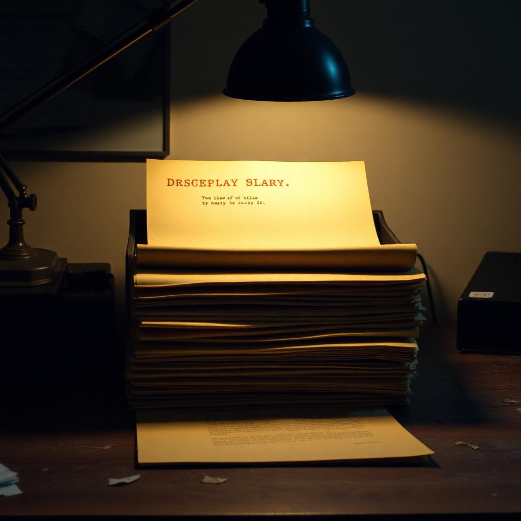 A stack of yellowed typewritten screenplay pages on a dusty desk under a desk lamp.