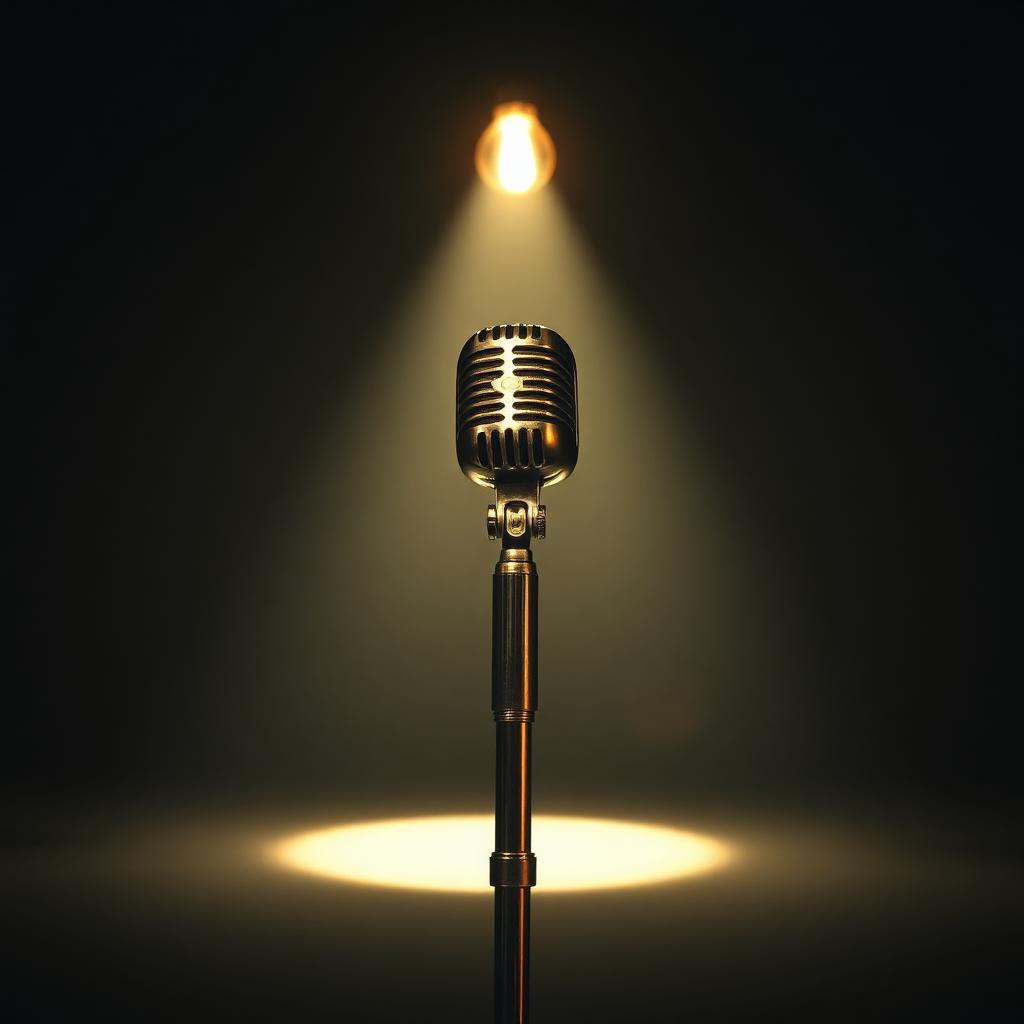 A vintage chrome microphone on an empty dim stage lit by a single warm bulb, dust motes in the beam.