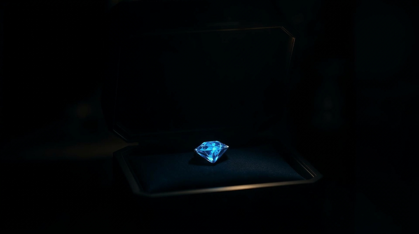 A single blue diamond on a dark velvet display case lit by a small candle flame.