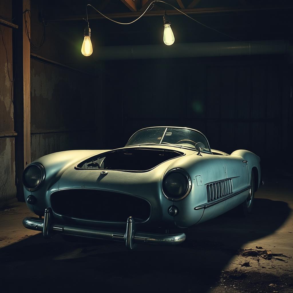 A wrecked vintage silver sports car under a hanging garage bulb.
