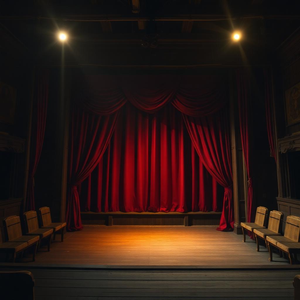 An old empty wooden theatre stage at night lit by a single ghost light.