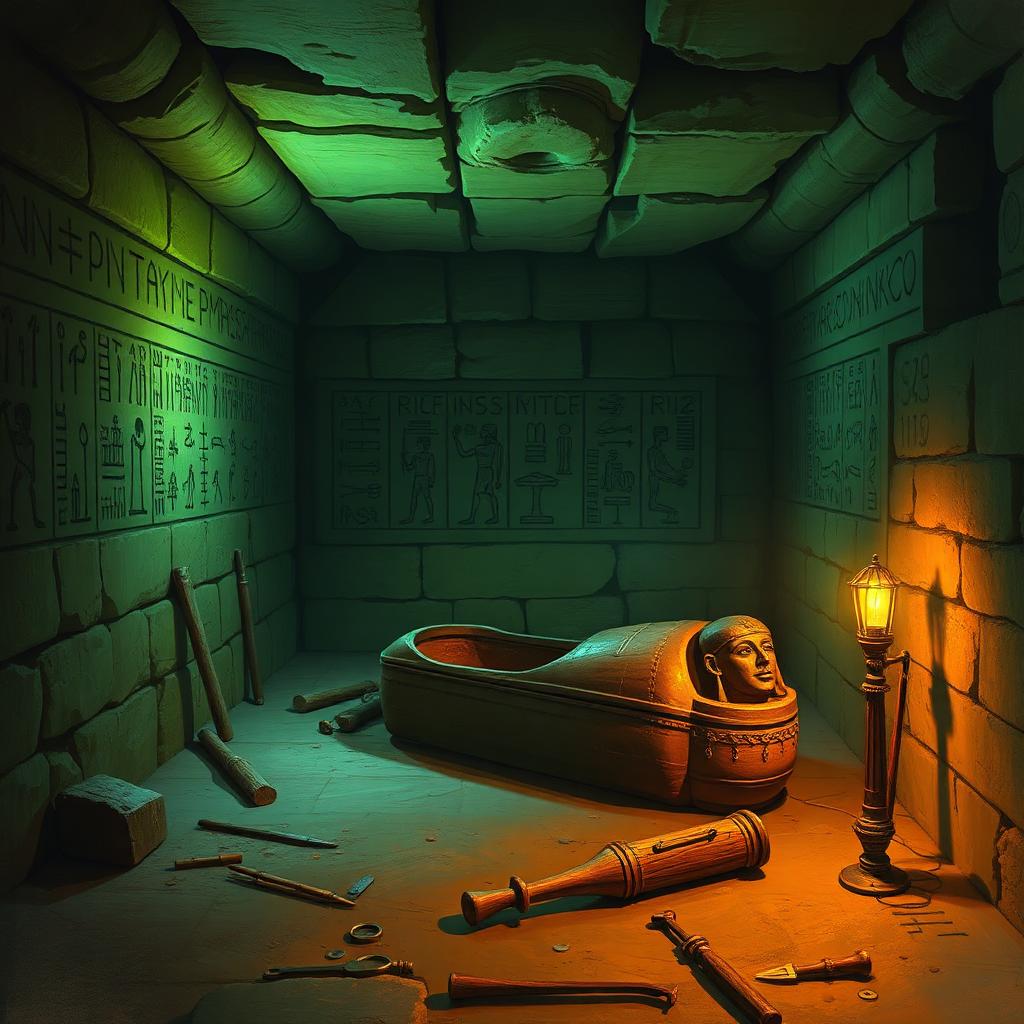 A torchlit ancient Egyptian tomb interior with hieroglyphs, a half-open sarcophagus and scattered tools.