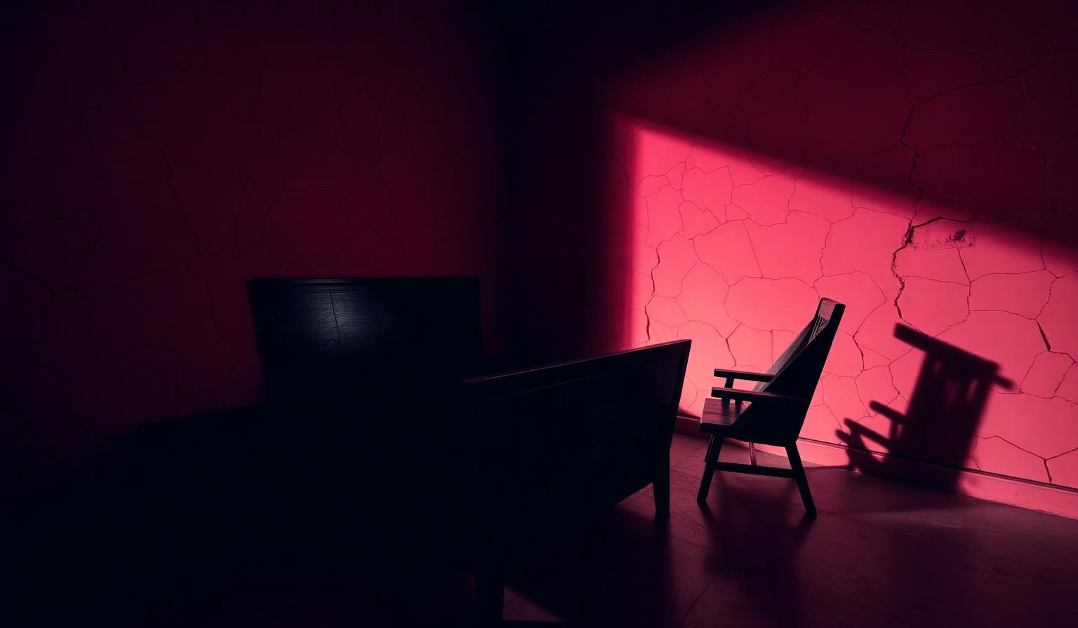 Sharp-edged, angular dark wooden furniture casting chaotic shadows on cracked walls.