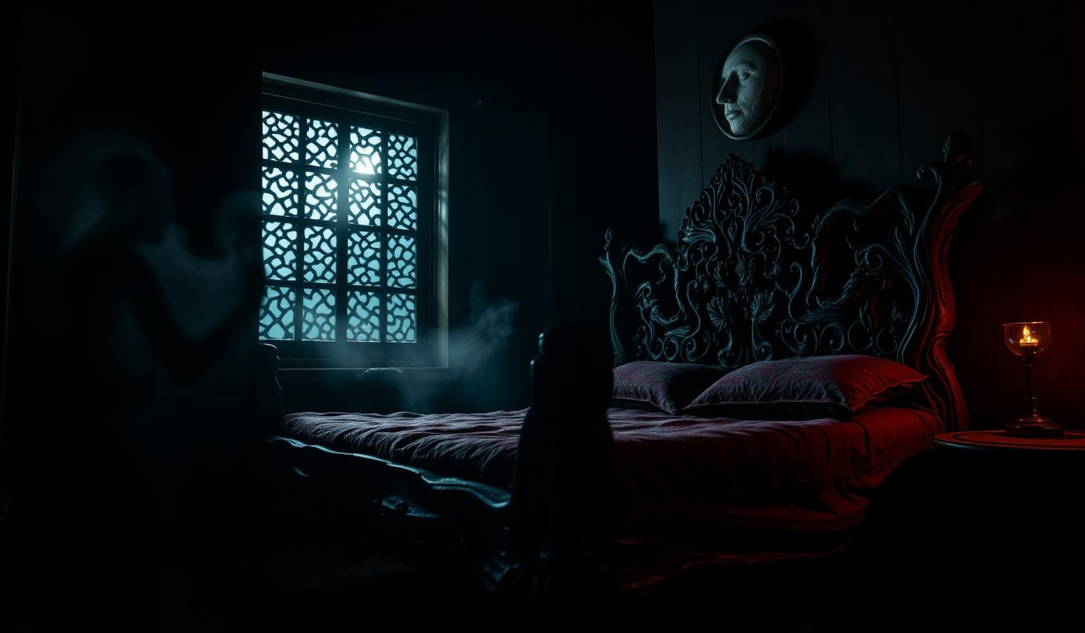 An ornate bed carved from Peepal wood in a dim Indian room with spectral mist.