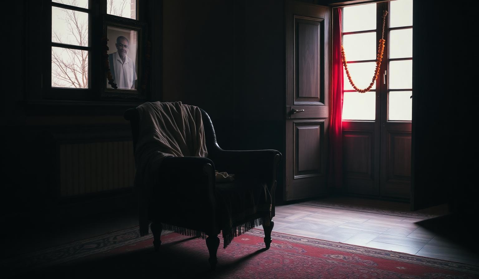 An empty armchair of a deceased elder with a framed garlanded portrait nearby.