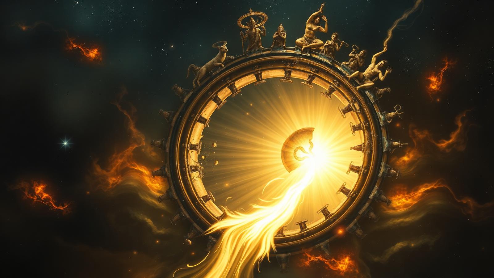 A massive cosmic wheel of Samsara breaking open as brilliant golden light escapes through the rupture.