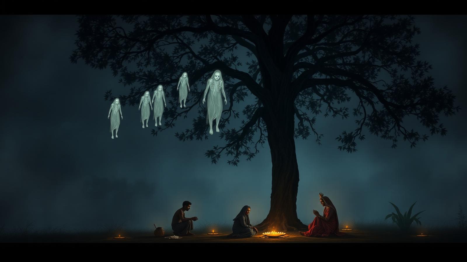 Pale earthbound Preta spirits hovering around a banyan tree as a family performs Shraddha below.