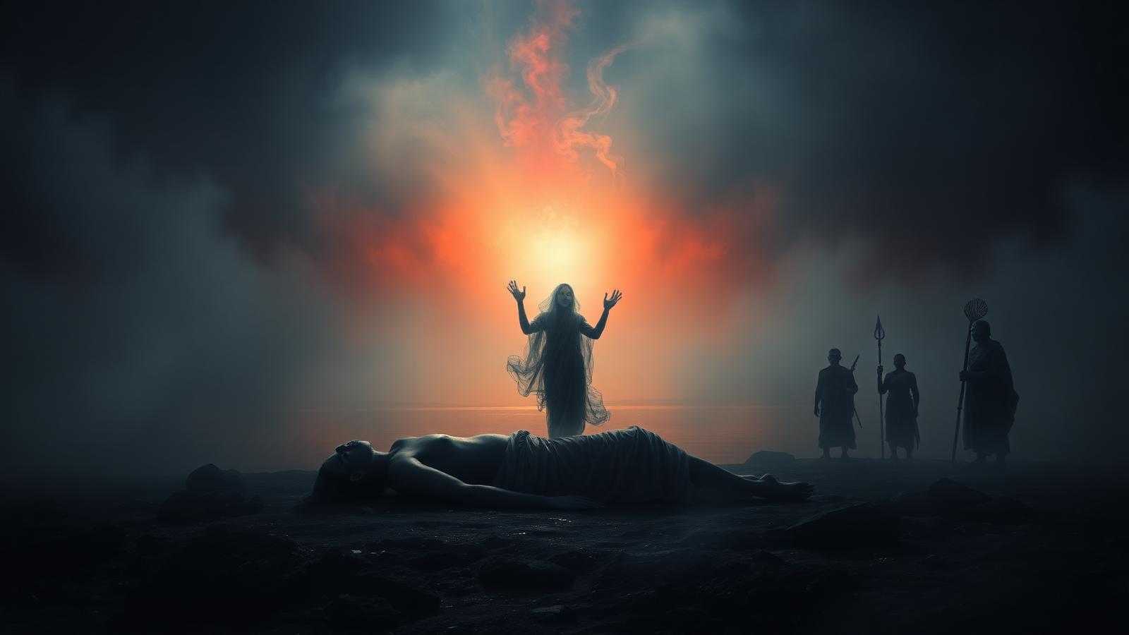A translucent soul rising from a body lying on the ground, drifting into a misty afterlife with Yama Dutas waiting in the distance.