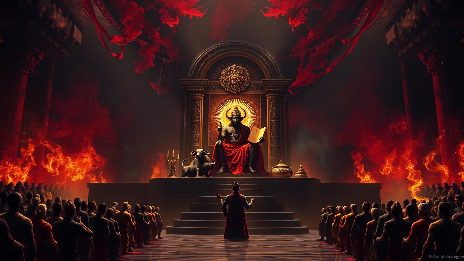Lord Yama enthroned in a vast crimson hall with Chitragupta beside him, souls kneeling in queues.