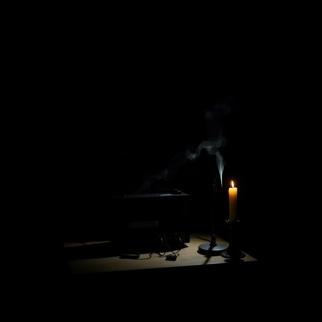 A vintage audio recorder on a dark table with a faint wisp of breath near the microphone.