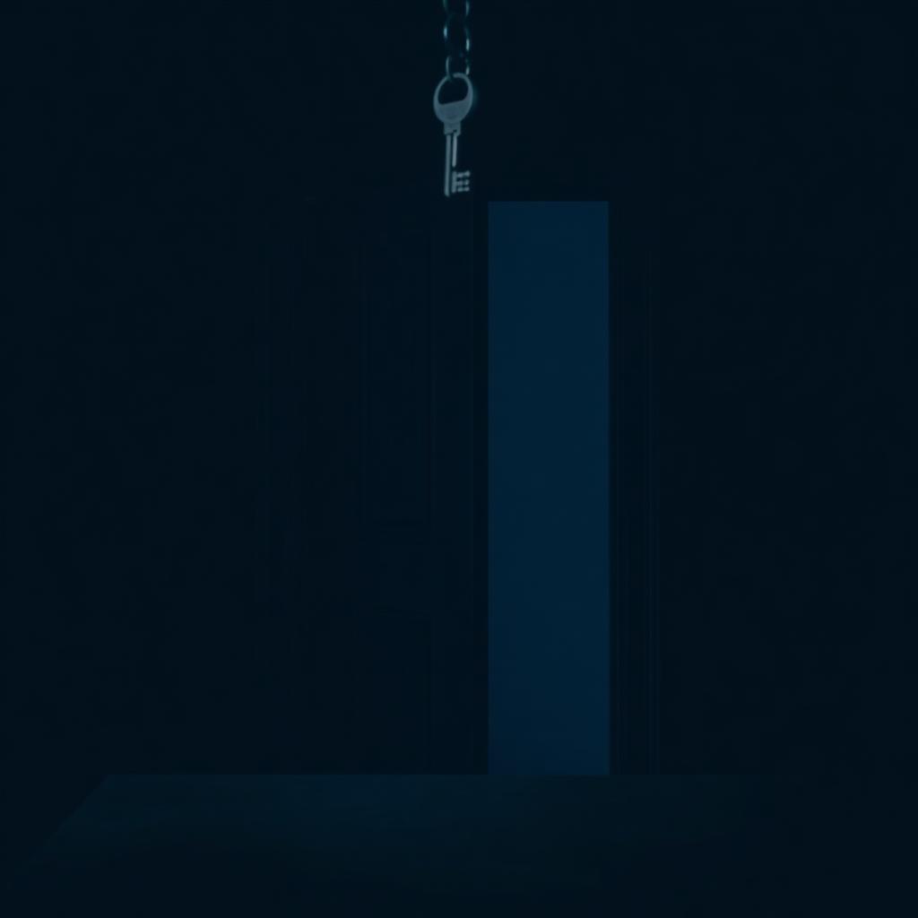 A door slowly opening by itself in a dim room with keys floating mid-air above a table.