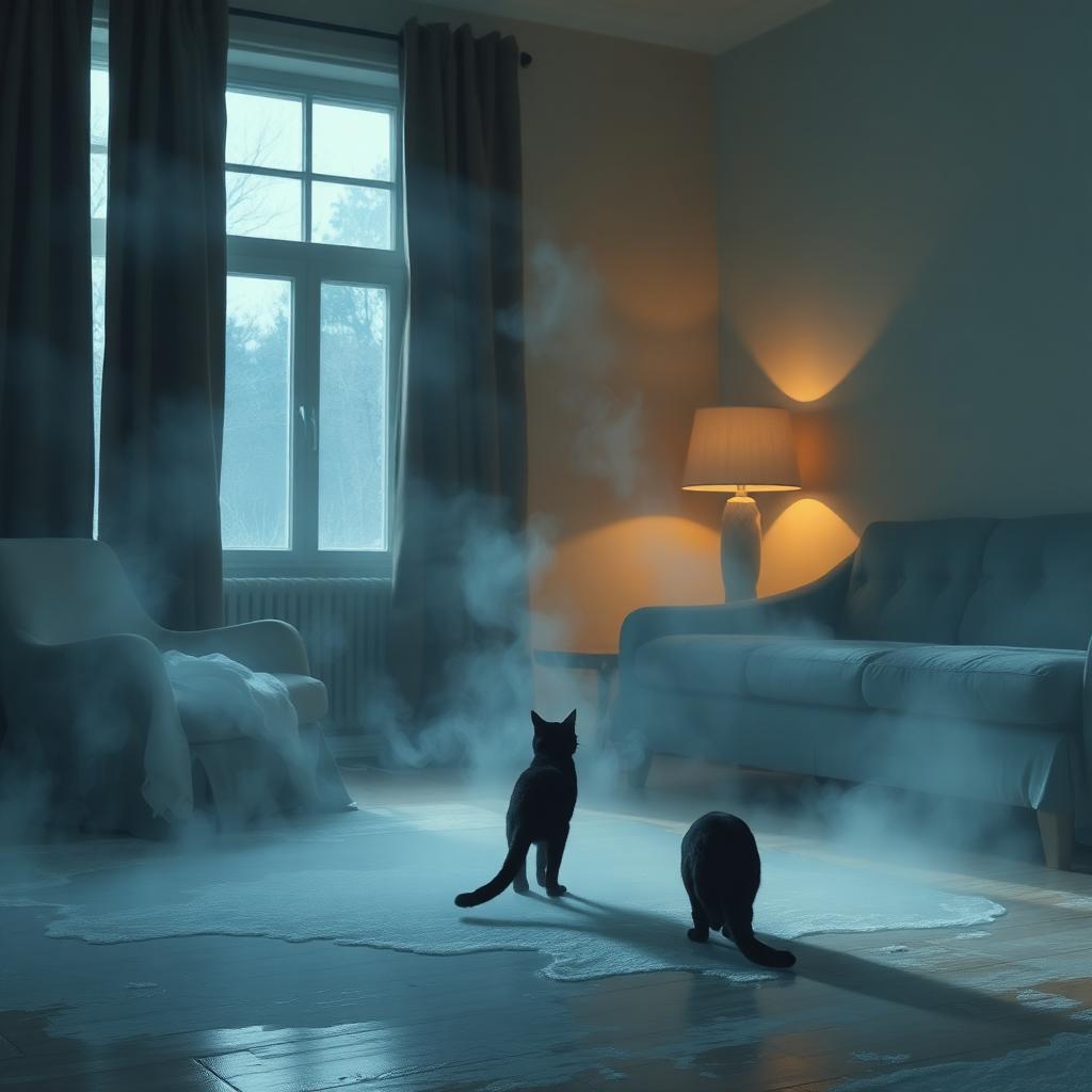 Wisps of icy mist in a warm living room with a black cat staring at an empty corner.