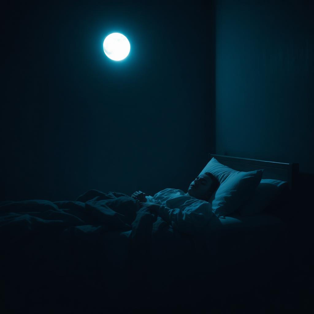 A person tossing in bed at night under moonlight with a faint shadow on the wall behind them.