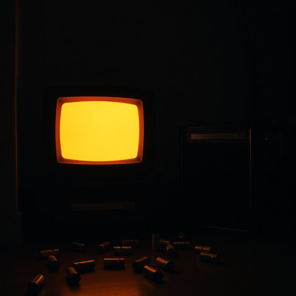 A vintage television flickering on by itself in a dark room with dead batteries scattered on the floor.