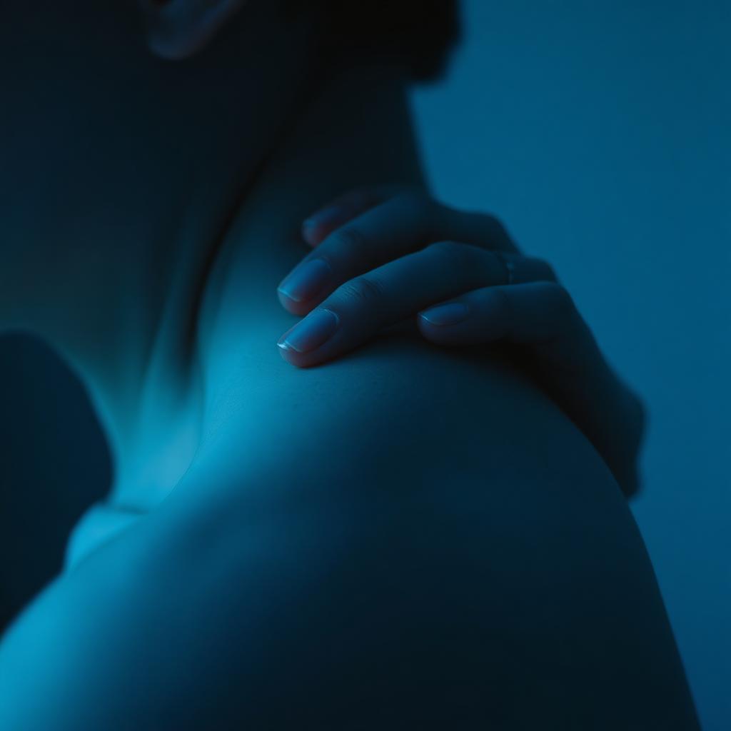 A close-up of a person's shoulder with a faint translucent hand resting on it in dim blue lighting.