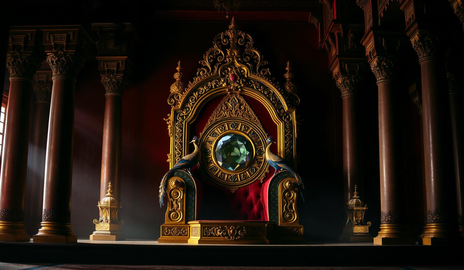 The Peacock Throne with golden peacocks framing a massive central diamond.