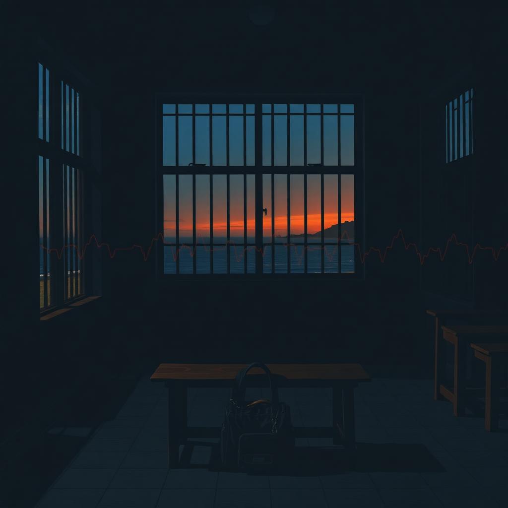 An empty coastal Karnataka schoolroom at dusk, a single overturned schoolbag on a bench, a faint EEG waveform across the back wall.