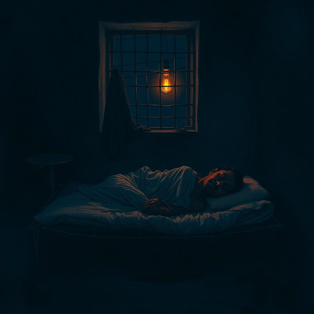 A labourer's small room in Uttar Pradesh at deep night, a thin mattress on a string cot, a faint translucent figure crouched on his chest, ember-orange streetlight bleeding through the window grille.
