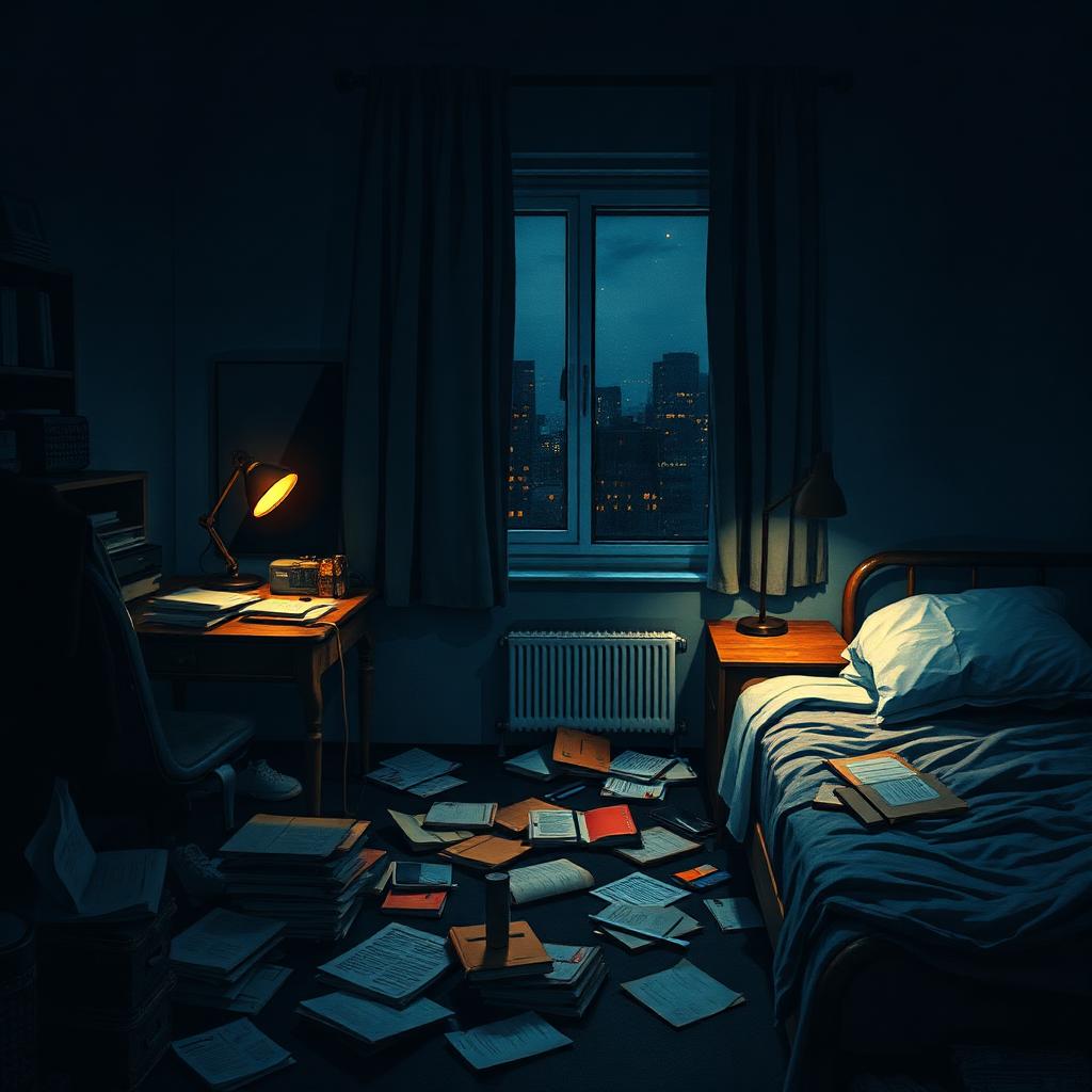 A college dorm room in Pune at 3 AM, papers and notebooks scattered across the floor, a desk lamp blazing, an unmade bed, city lights smeared in the window.