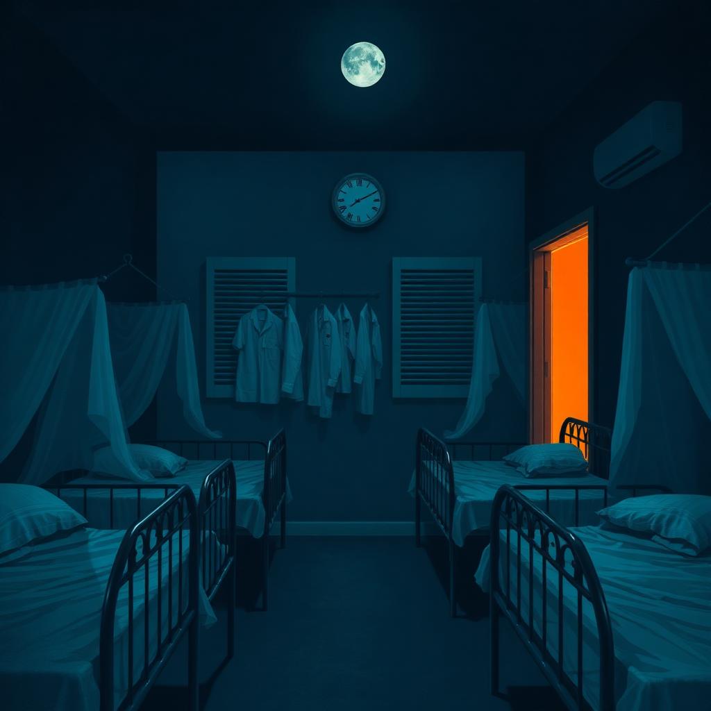 A nursing hostel dormitory in Kerala at deep night, four iron-frame beds in a row with mosquito nets, hospital uniforms on hooks, a wall clock reading 3:00.