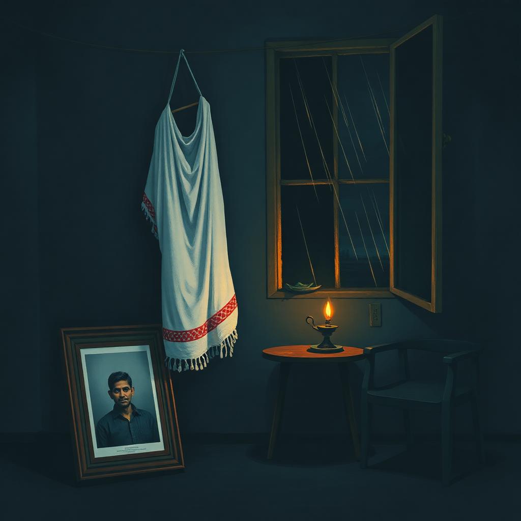 A widow's room at night, a white cotton sari hanging on a peg, a framed photograph turned face-down on a low table, a single oil lamp burning beside it, rain on the window.