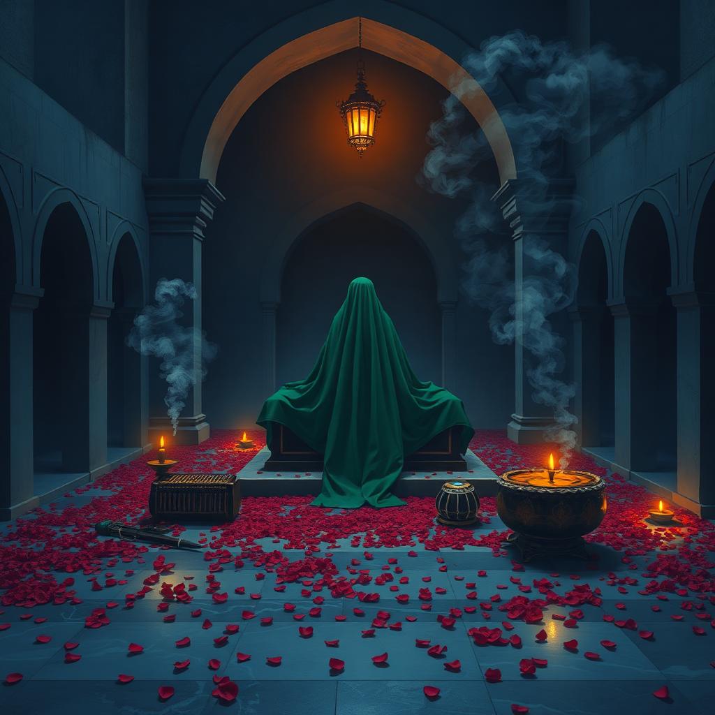 Interior courtyard of a Sufi dargah at night, green chador draped on a tomb, rose petals strewn on marble, harmonium and tabla to one side, oil lamps and incense smoke.