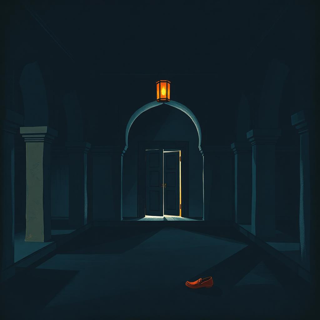 Inner courtyard of a Rajasthan haveli at night, sandstone arches and long shadows, a wooden door slightly ajar at the far end, a child's slipper left on the threshold.