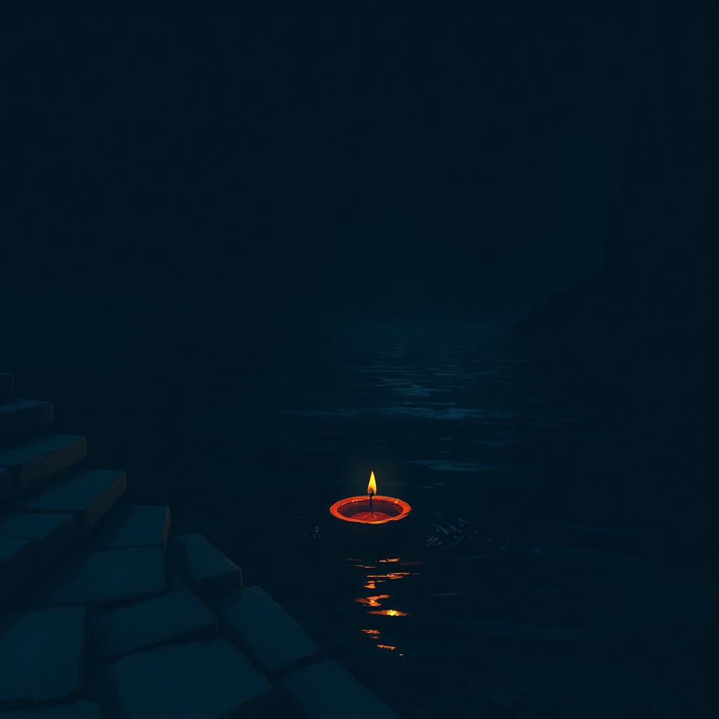 A single clay diya floating on the dark Ganga at deep night, stone ghats receding into shadow, faint temple spire against the night sky.